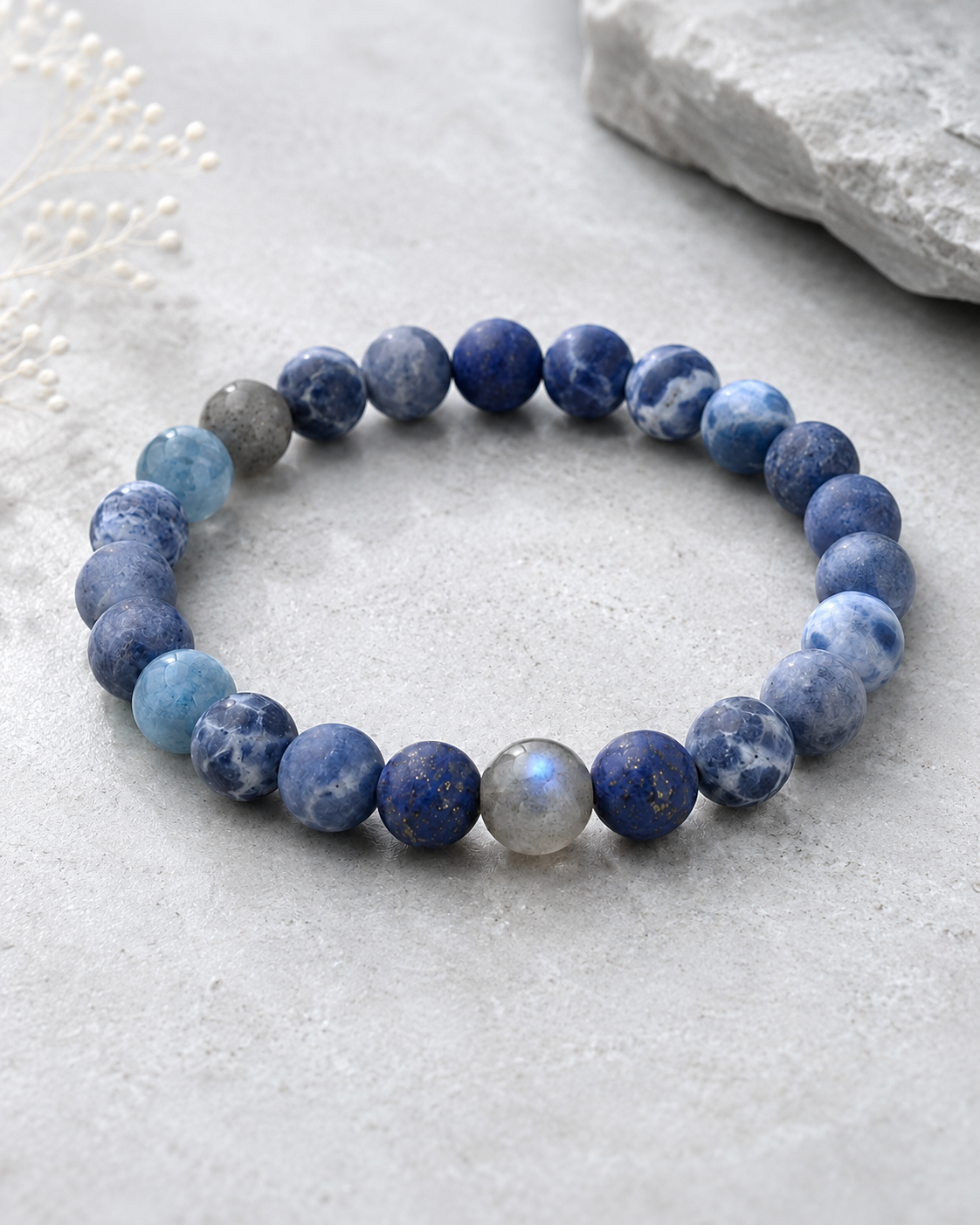 Matte Sodalite, Lapis Lazuli & Blue Apatite Beaded Bracelet - Blue Horizon