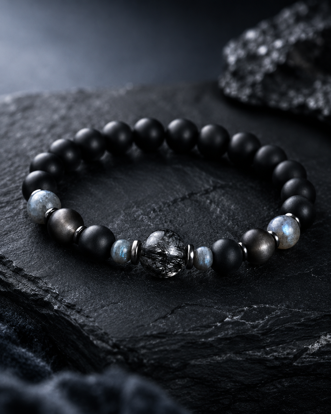 Matte Black Agate, Labradorite & Meteorite Beaded Bracelet - Meteor Shadow