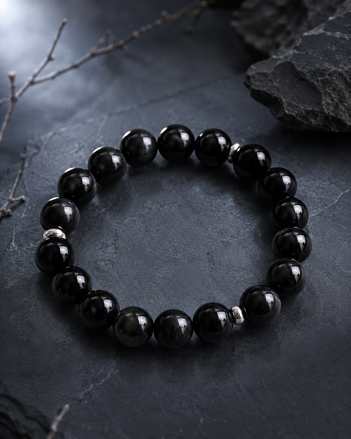 Black Obsidian & Black Agate Beaded Bracelet - Black Mirror