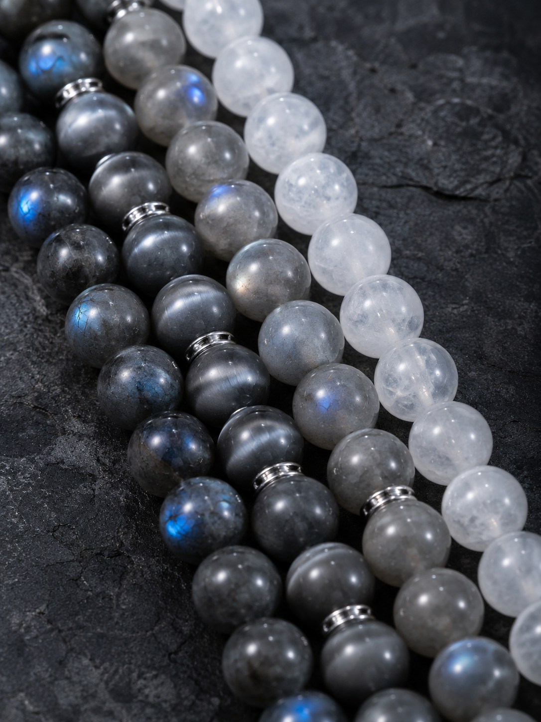 Pyrite in Clear Quartz, Smoky Quartz & Gray Labradorite Beaded Bracelet - Moonlit Strata