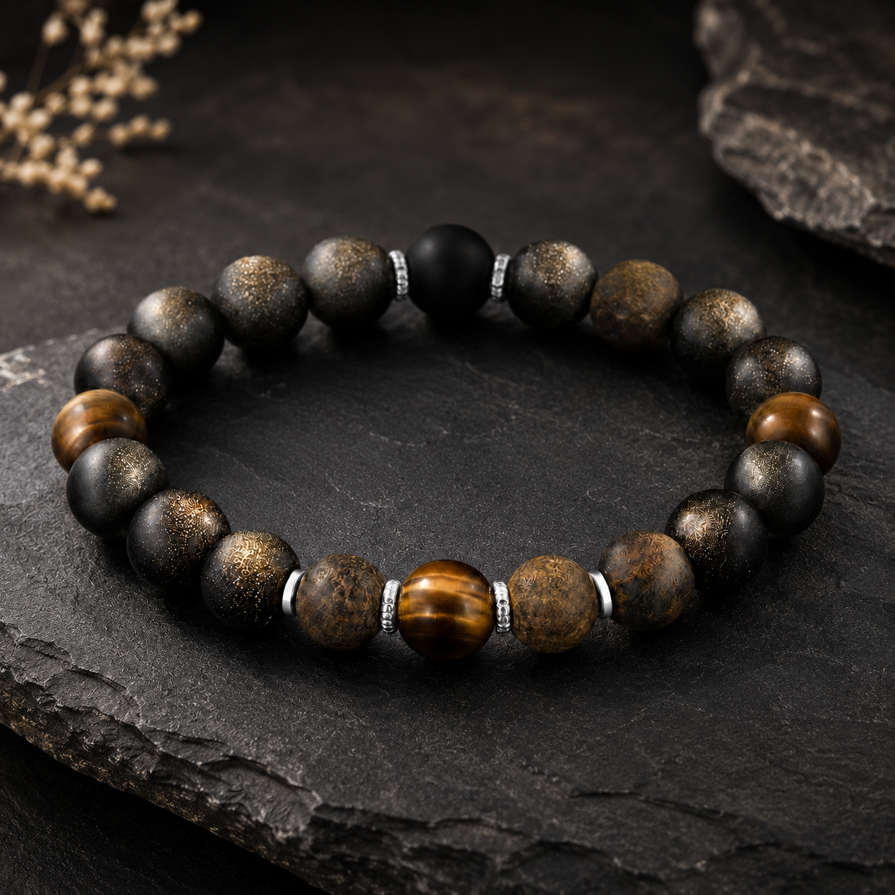Matte Golden Obsidian, Bronzite & Tiger’s Eye Beaded Bracelet - Earthguard