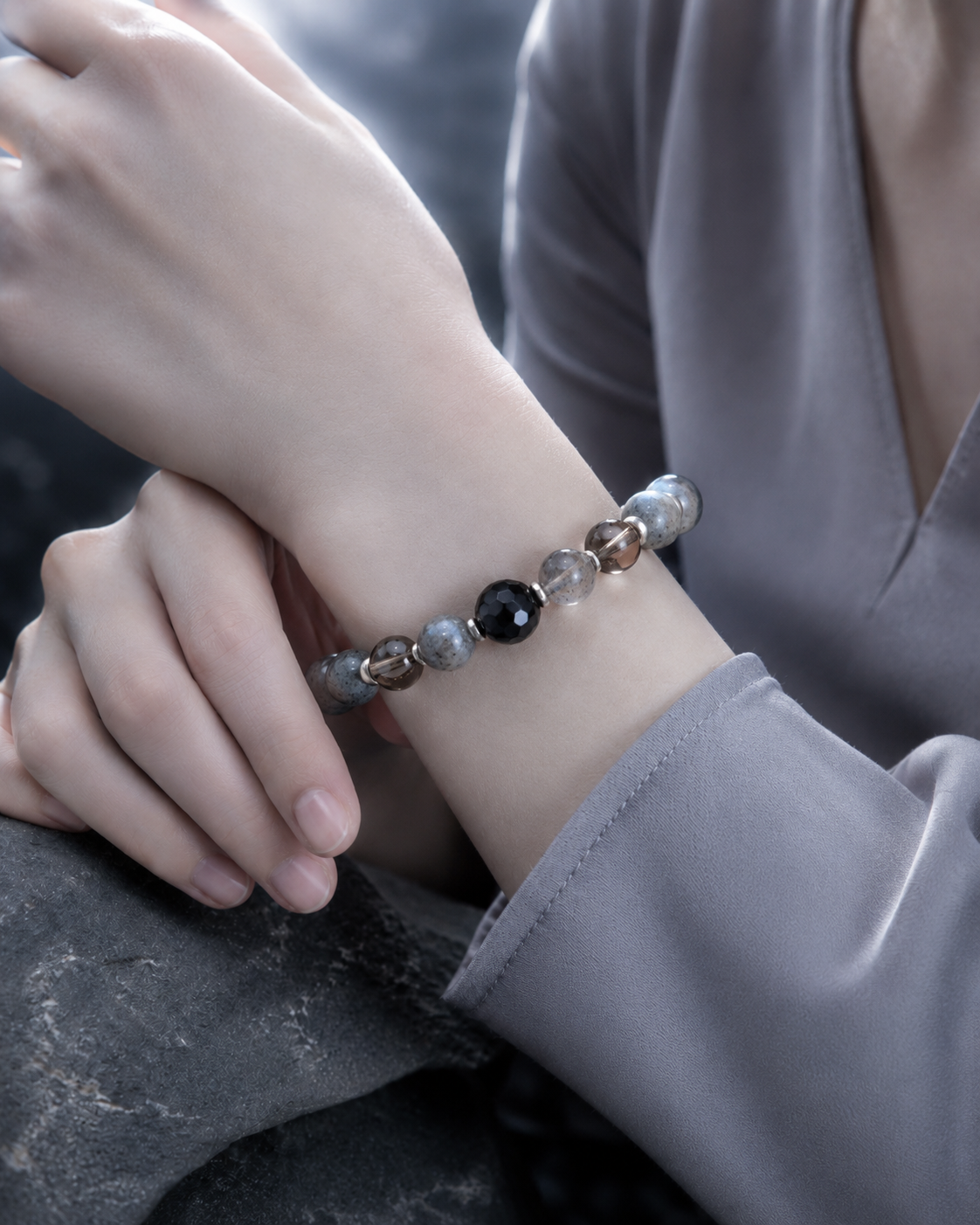 Gray Labradorite, Smoky Quartz & Black Obsidian Beaded Bracelet - Storm Moon
