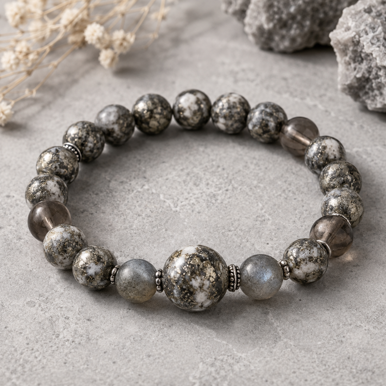 Pyrite in Clear Quartz, Smoky Quartz & Gray Labradorite Beaded Bracelet - Steadiness