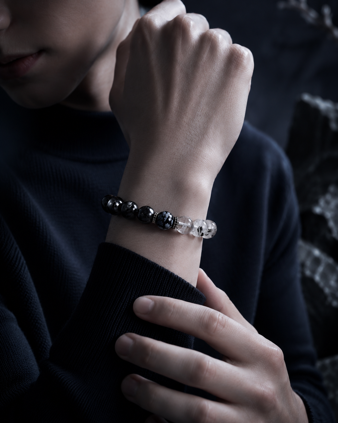 Black Tourmaline, Black Rutilated Quartz & Snowflake Obsidian Beaded Bracelet - Nightfall