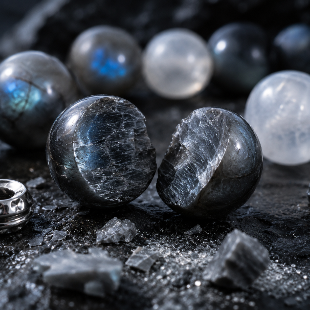 Pyrite in Clear Quartz, Smoky Quartz & Gray Labradorite Beaded Bracelet - Moonlit Strata