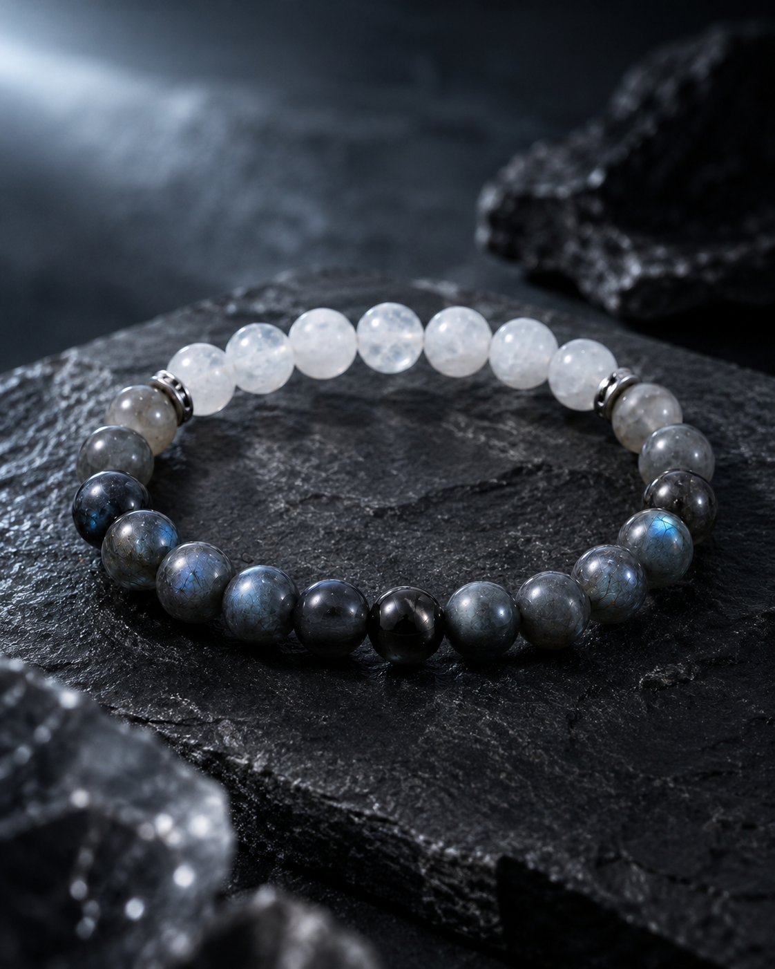 Pyrite in Clear Quartz, Smoky Quartz & Gray Labradorite Beaded Bracelet - Moonlit Strata