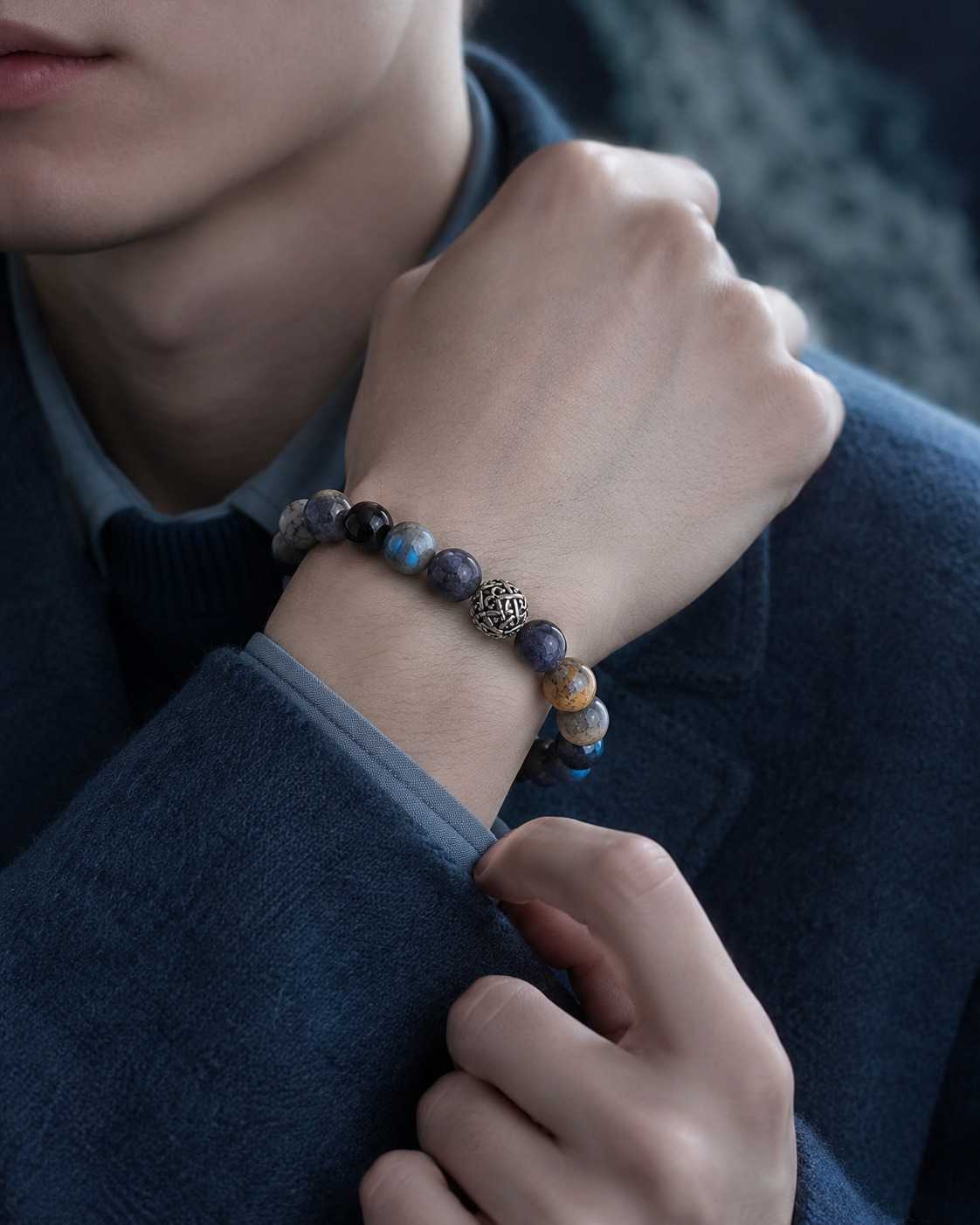 Pyrite in Clear Quartz, Smoky Quartz & Gray Labradorite Beaded Bracelet - Silver Summit