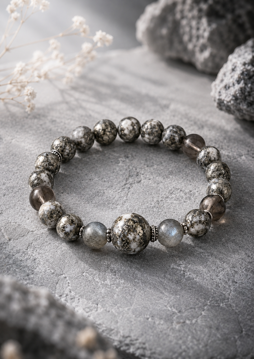 Pyrite in Clear Quartz, Smoky Quartz & Gray Labradorite Beaded Bracelet - Steadiness