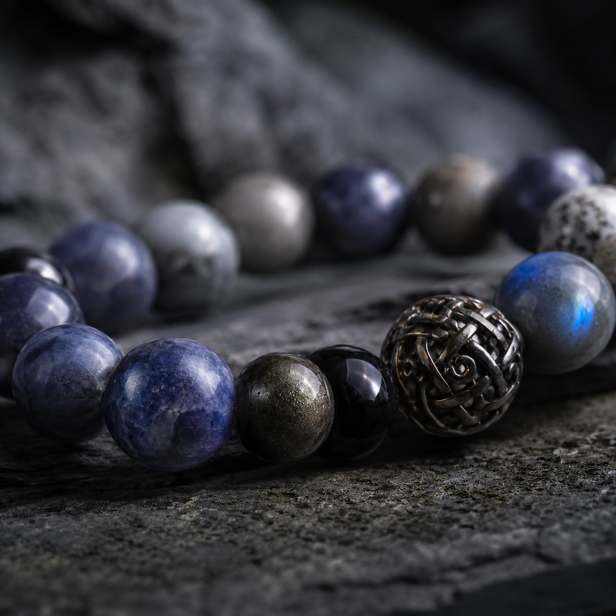 Pyrite in Clear Quartz, Smoky Quartz & Gray Labradorite Beaded Bracelet - Silver Summit