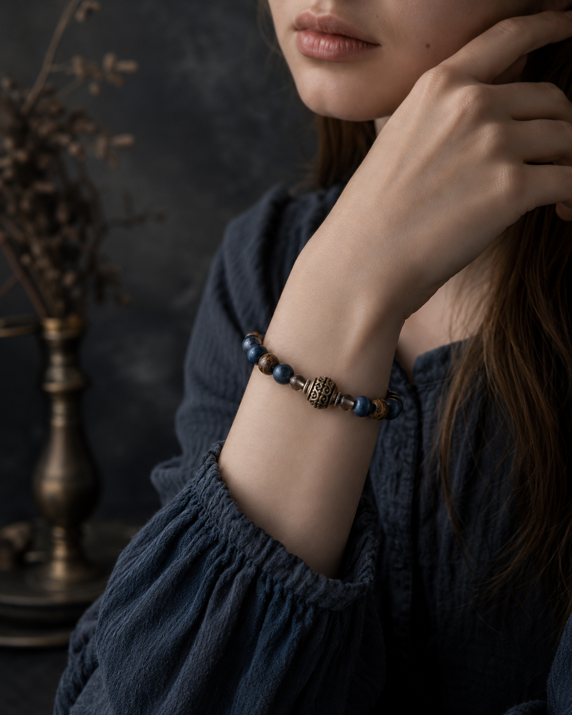 Matte Blue Tiger’s Eye, Bronzite & Smoky Quartz Beaded Bracelet - Bronze Tide