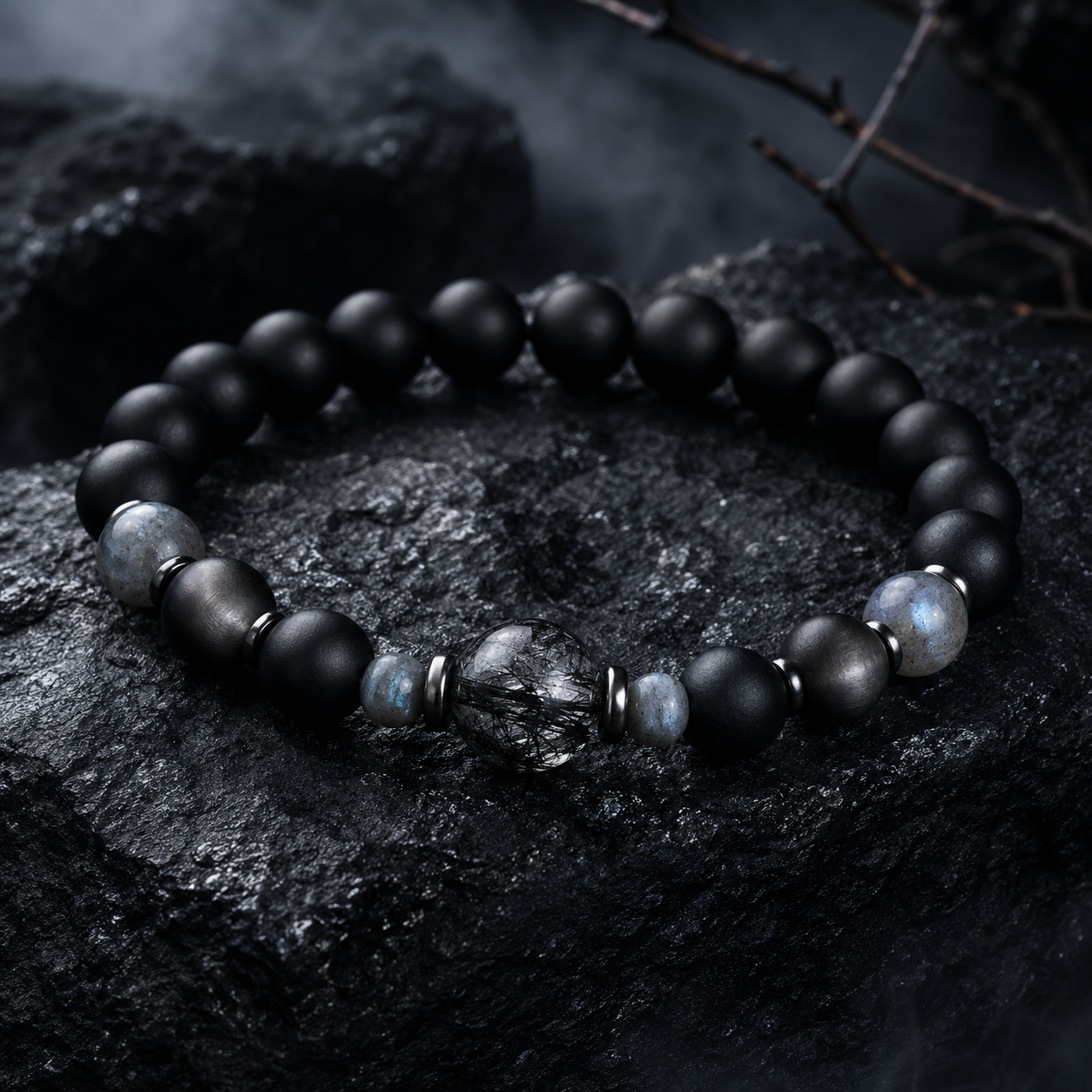 Matte Black Agate, Labradorite & Meteorite Beaded Bracelet - Meteor Shadow