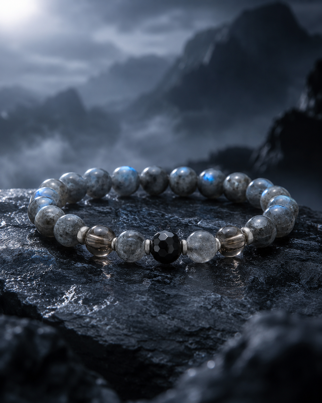 Gray Labradorite, Smoky Quartz & Black Obsidian Beaded Bracelet - Storm Moon