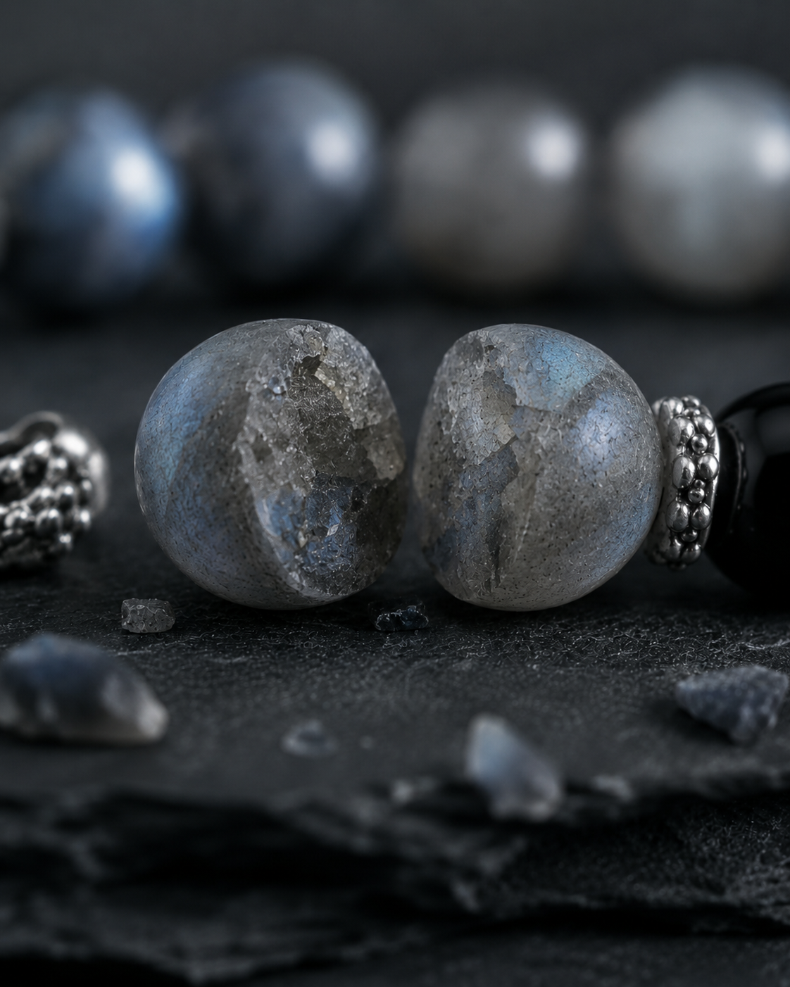 Matte Labradorite, Hawk’s Eye & Gray Moonstone Beaded Bracelet - Moonlit Hawk