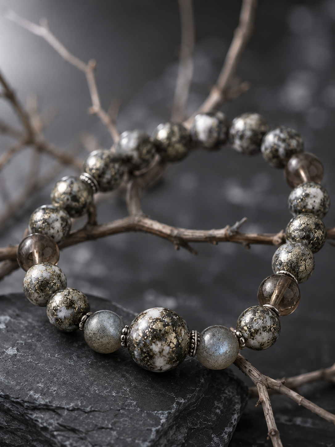 Pyrite in Clear Quartz, Smoky Quartz & Gray Labradorite Beaded Bracelet - Steadiness