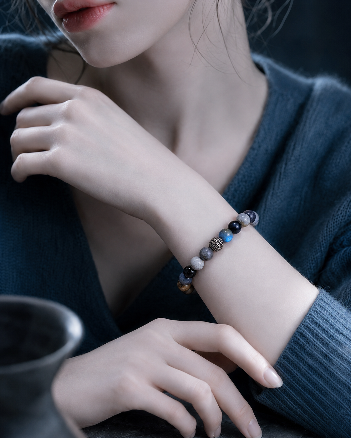 Pyrite in Clear Quartz, Smoky Quartz & Gray Labradorite Beaded Bracelet - Silver Summit