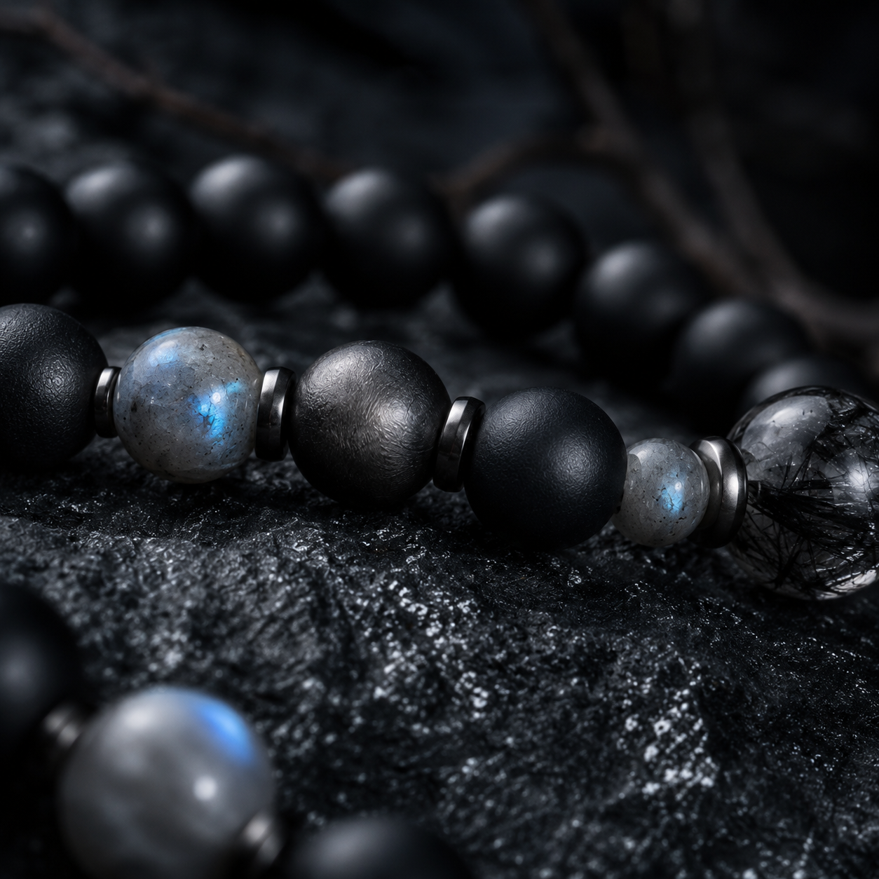Matte Black Agate, Labradorite & Meteorite Beaded Bracelet - Meteor Shadow