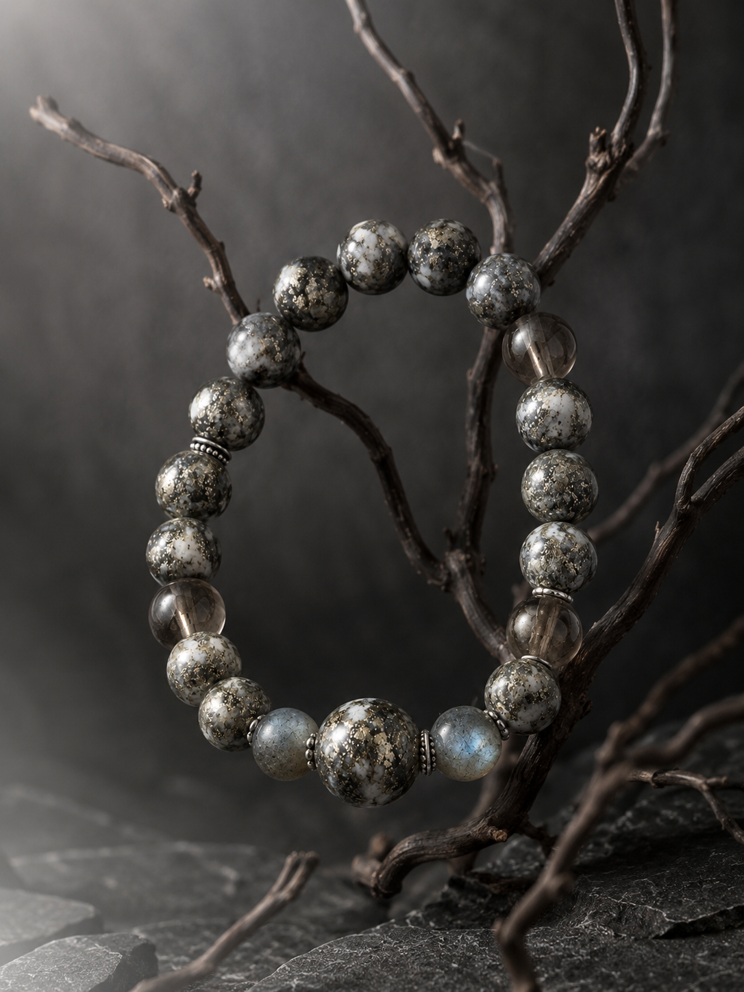 Pyrite in Clear Quartz, Smoky Quartz & Gray Labradorite Beaded Bracelet - Steadiness