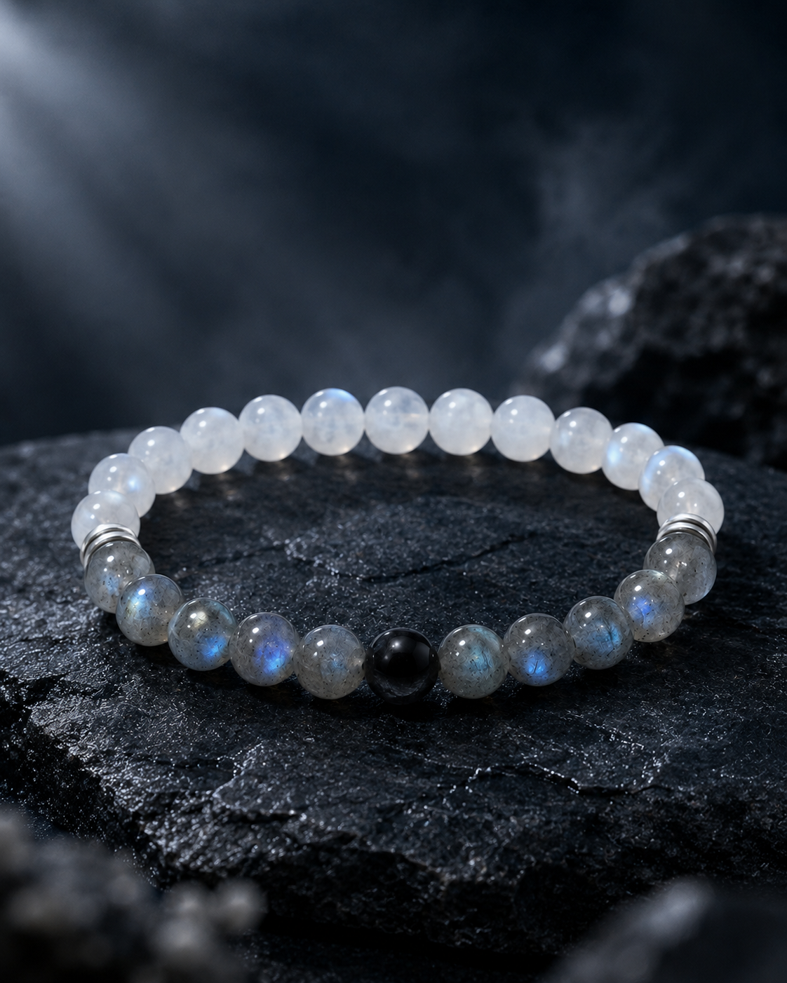 Silver Obsidian, Gray Labradorite & Black Agate Beaded Bracelet - Silver Veil