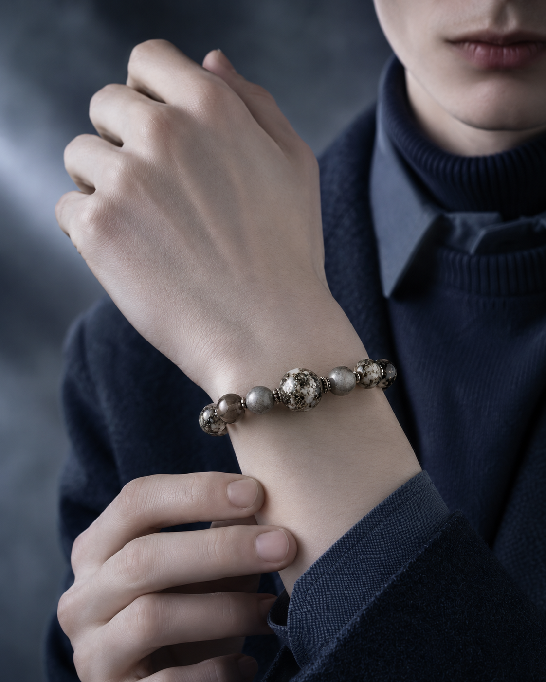 Pyrite in Clear Quartz, Smoky Quartz & Gray Labradorite Beaded Bracelet - Steadiness