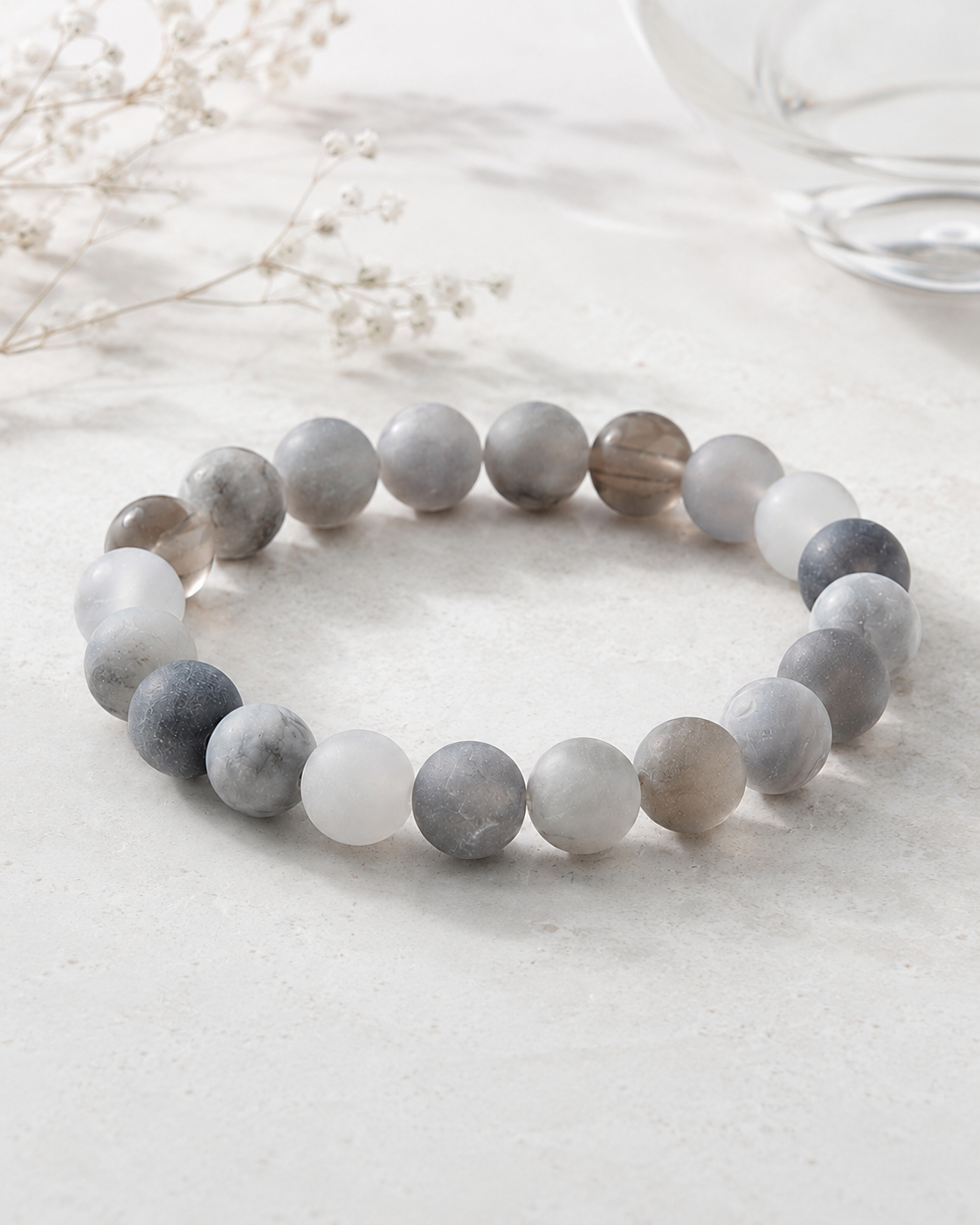 Cloud Agate, Gray Chalcedony & White Chalcedony Beaded Bracelet - Cloud Mist