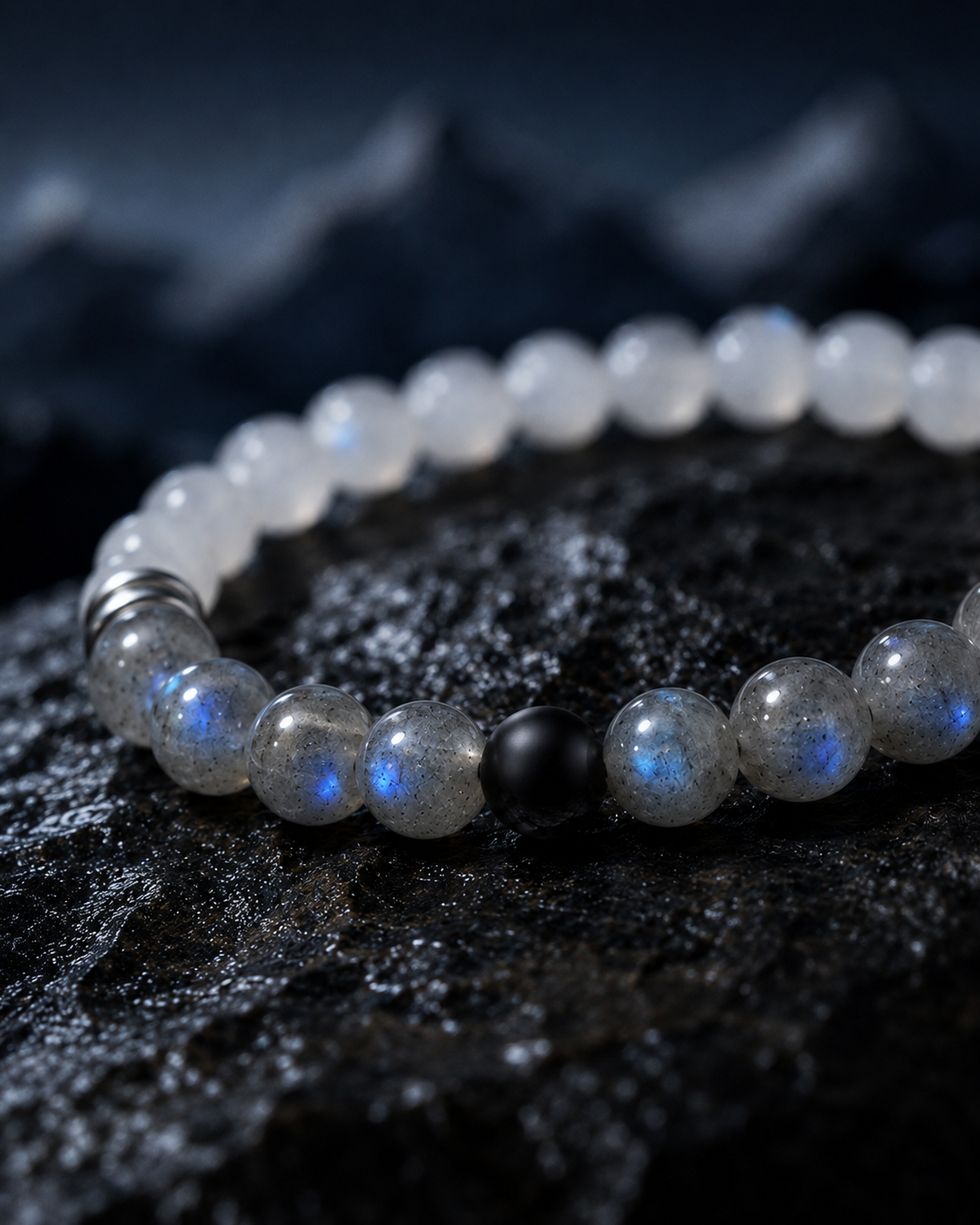 Silver Obsidian, Gray Labradorite & Black Agate Beaded Bracelet - Silver Veil