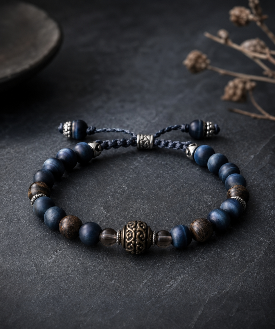 Matte Blue Tiger’s Eye, Bronzite & Smoky Quartz Beaded Bracelet - Bronze Tide