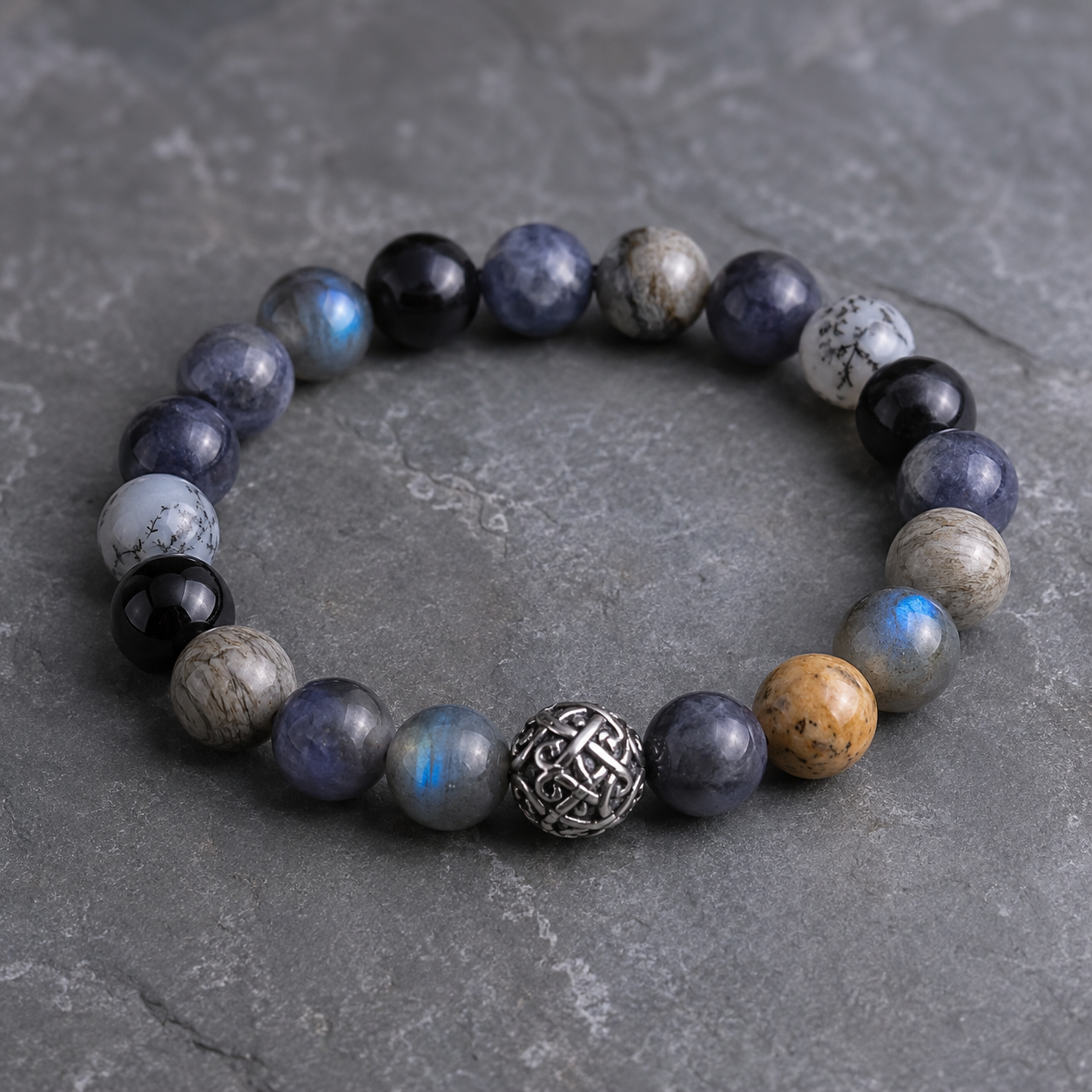 Pyrite in Clear Quartz, Smoky Quartz & Gray Labradorite Beaded Bracelet - Silver Summit