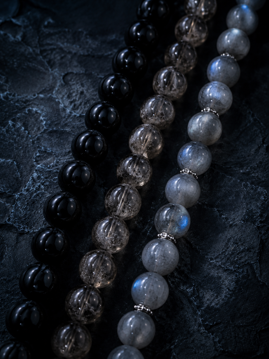 Black Tourmaline, Black Rutilated Quartz & Snowflake Obsidian Beaded Bracelet - Nightfall