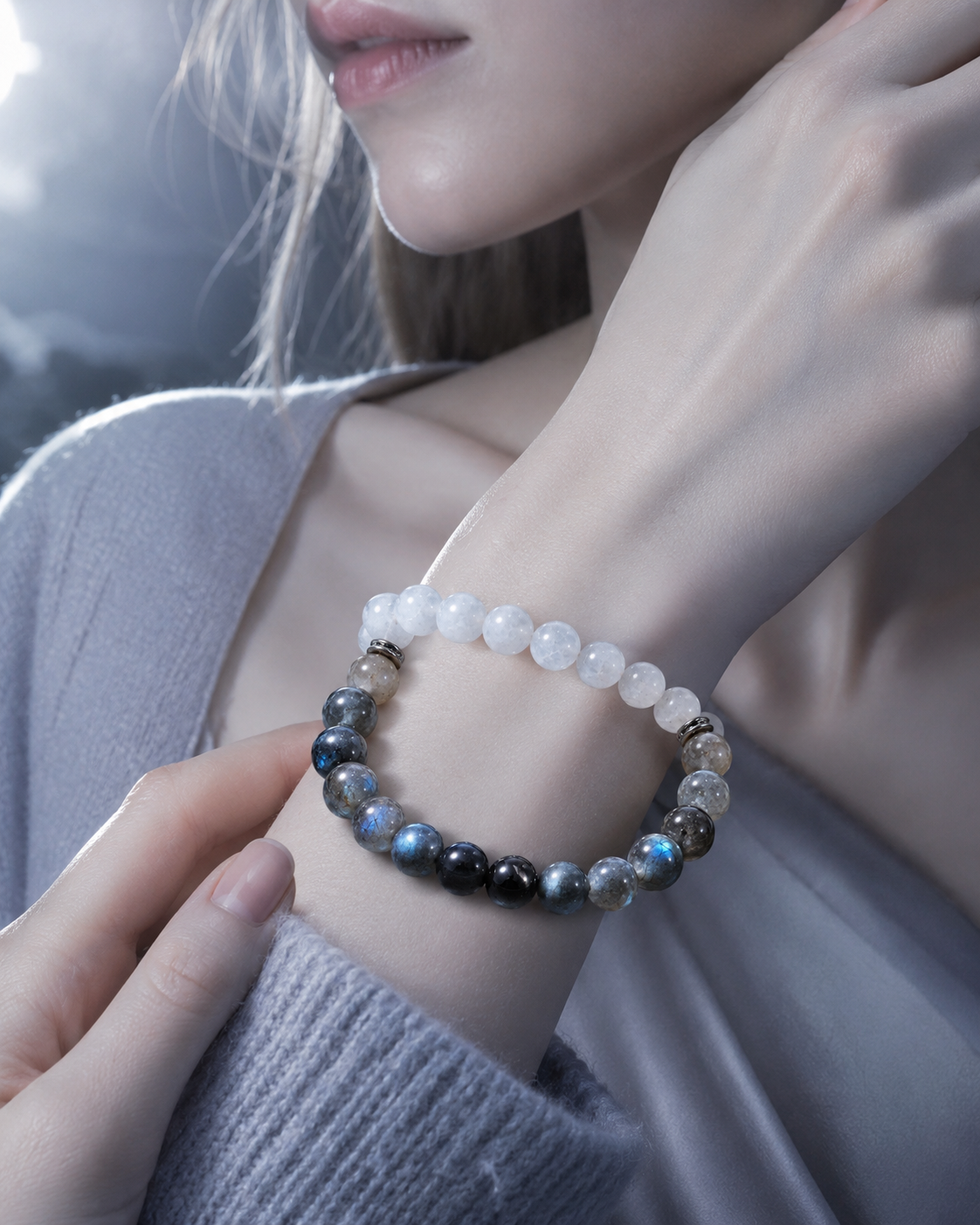 Pyrite in Clear Quartz, Smoky Quartz & Gray Labradorite Beaded Bracelet - Moonlit Strata