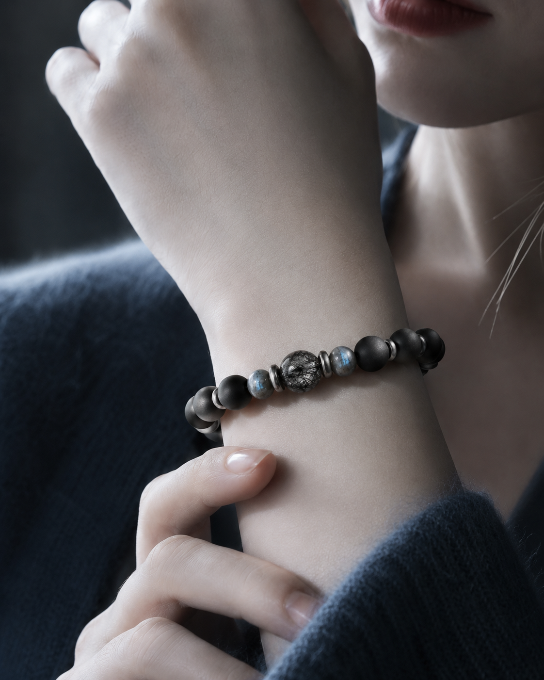 Matte Black Agate, Labradorite & Meteorite Beaded Bracelet - Meteor Shadow