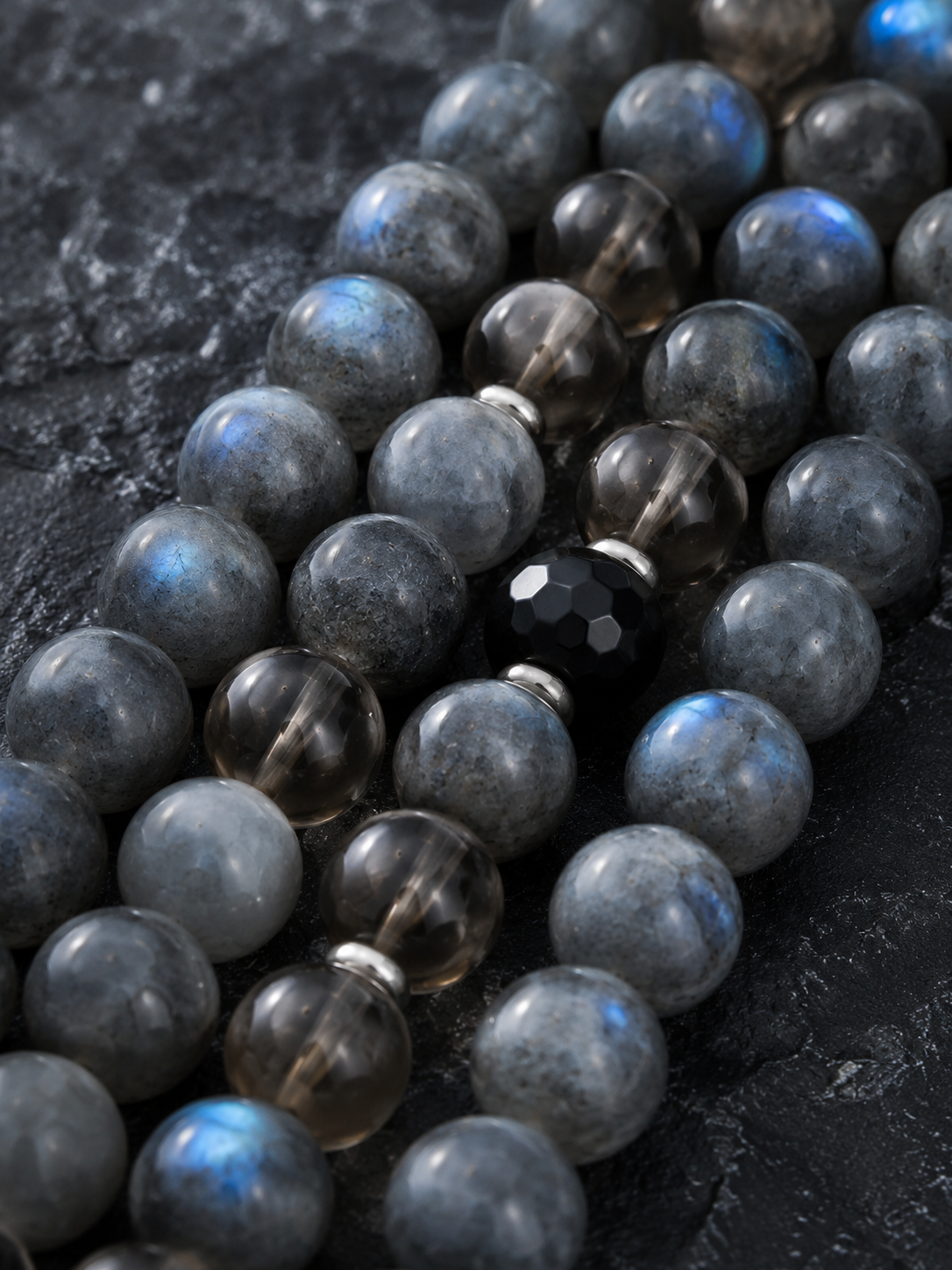 Gray Labradorite, Smoky Quartz & Black Obsidian Beaded Bracelet - Storm Moon