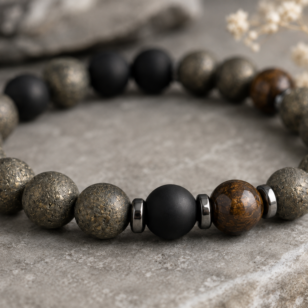 Matte Pyrite, Bronzite & Black Obsidian Beaded Bracelet - Iron Shield