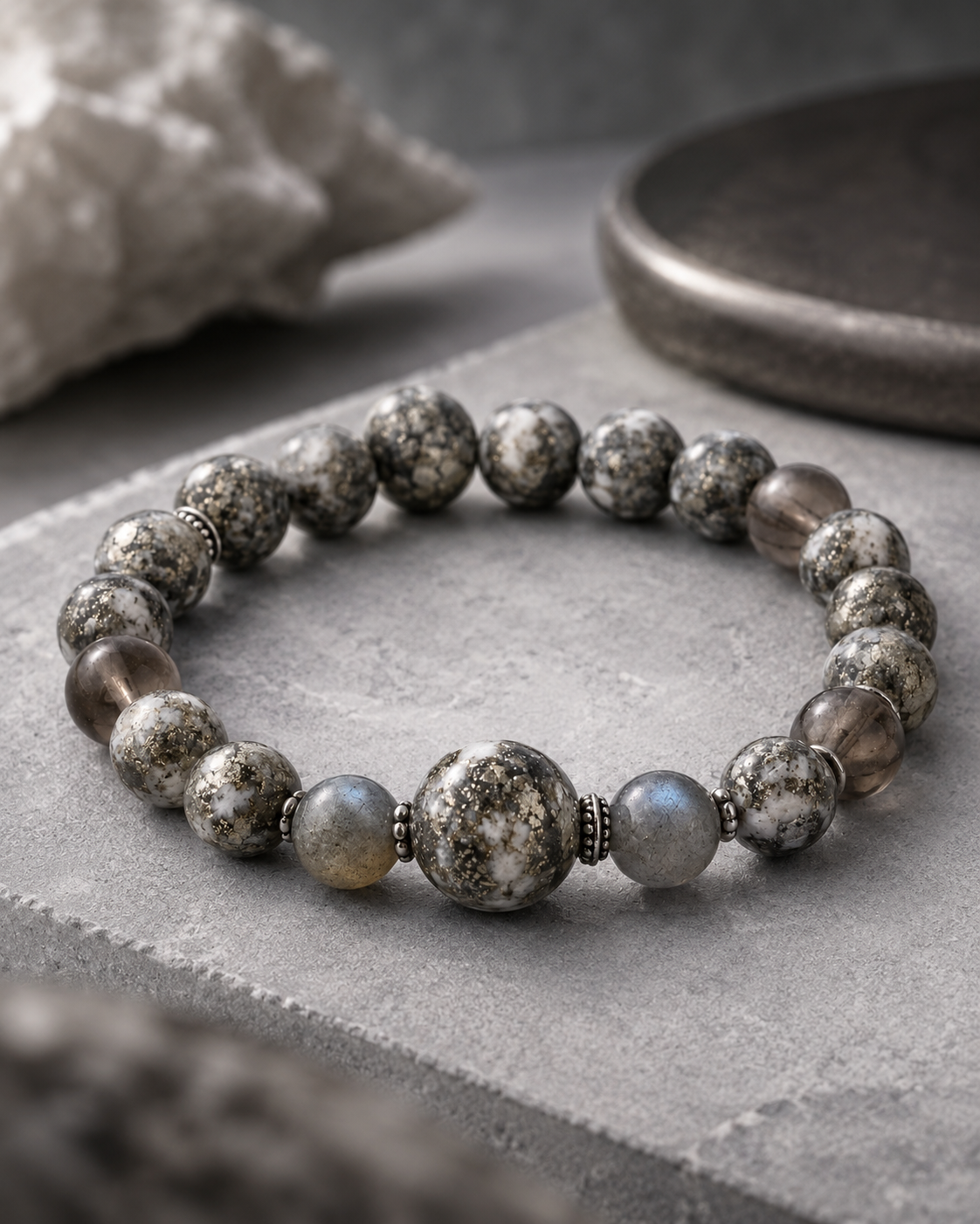 Pyrite in Clear Quartz, Smoky Quartz & Gray Labradorite Beaded Bracelet - Steadiness