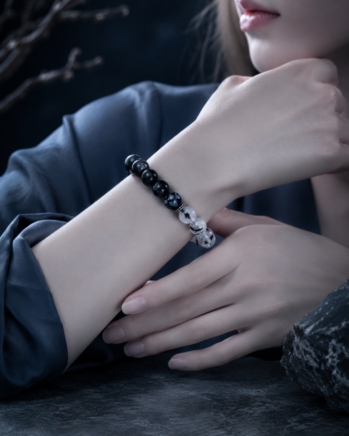 Black Tourmaline, Black Rutilated Quartz & Snowflake Obsidian Beaded Bracelet - Nightfall