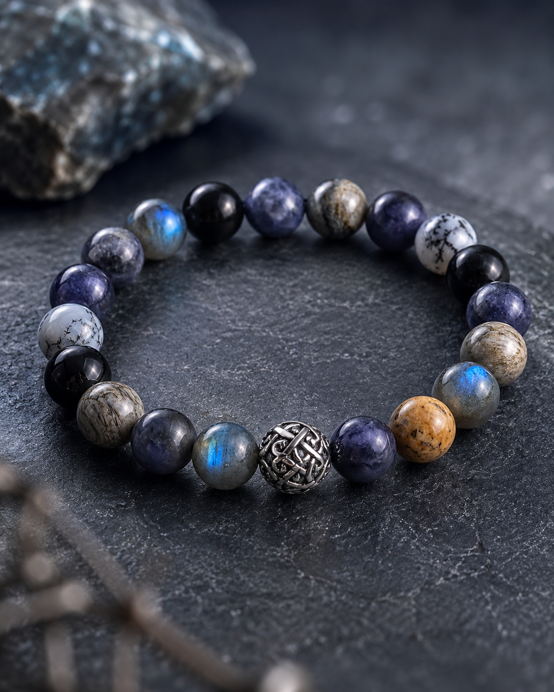 Pyrite in Clear Quartz, Smoky Quartz & Gray Labradorite Beaded Bracelet - Silver Summit