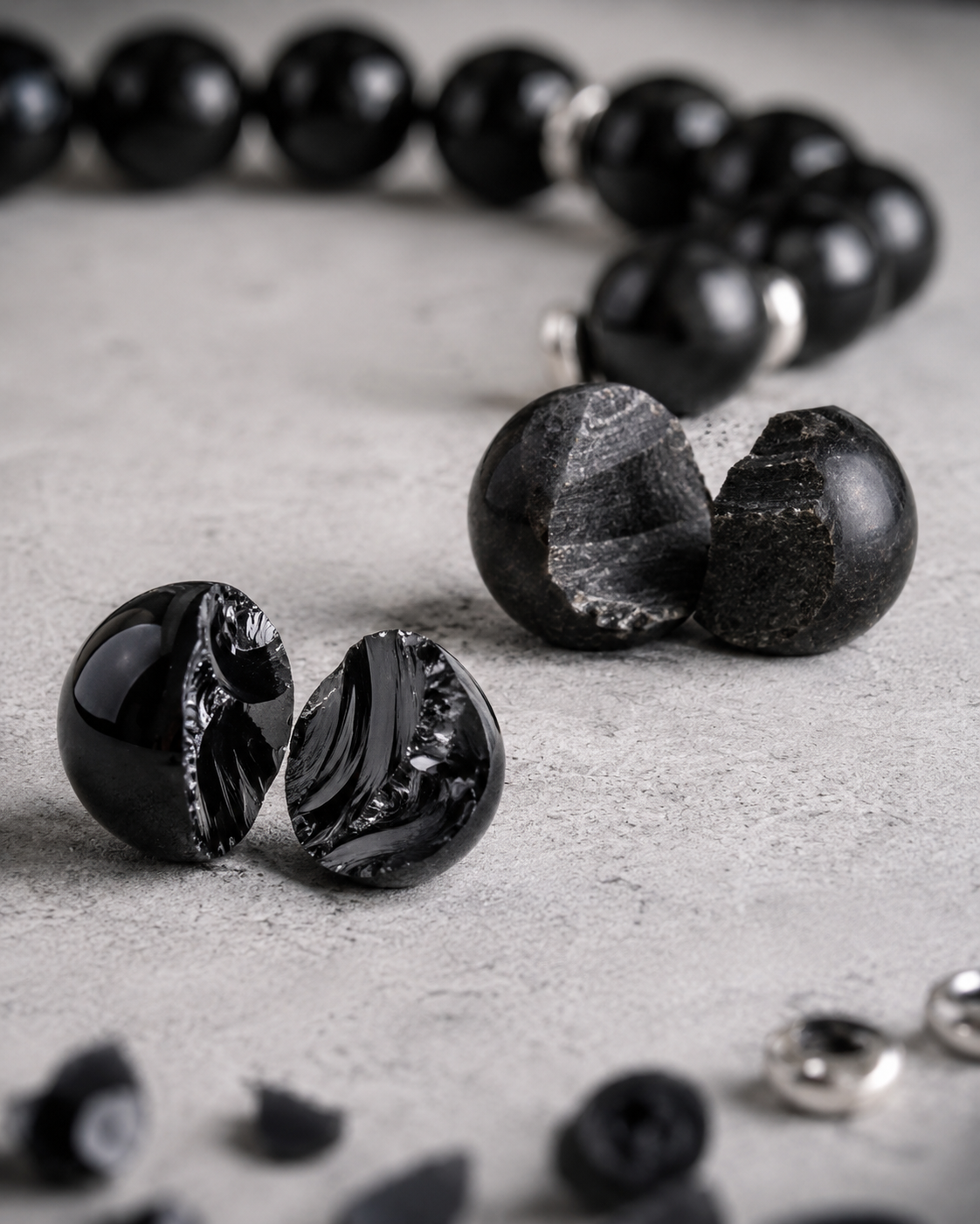 Black Obsidian & Black Agate Beaded Bracelet - Black Mirror