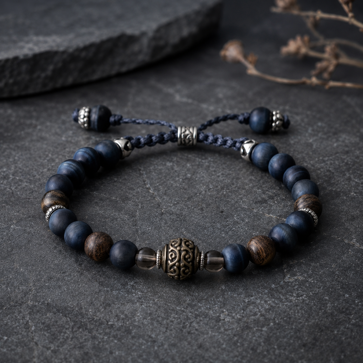 Matte Blue Tiger’s Eye, Bronzite & Smoky Quartz Beaded Bracelet - Bronze Tide