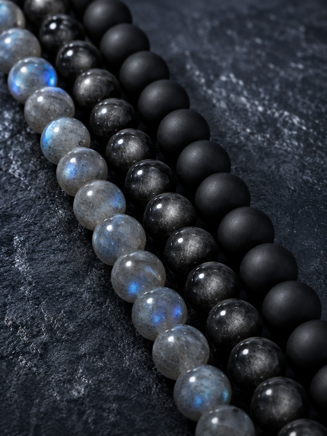 Silver Obsidian, Gray Labradorite & Black Agate Beaded Bracelet - Silver Veil