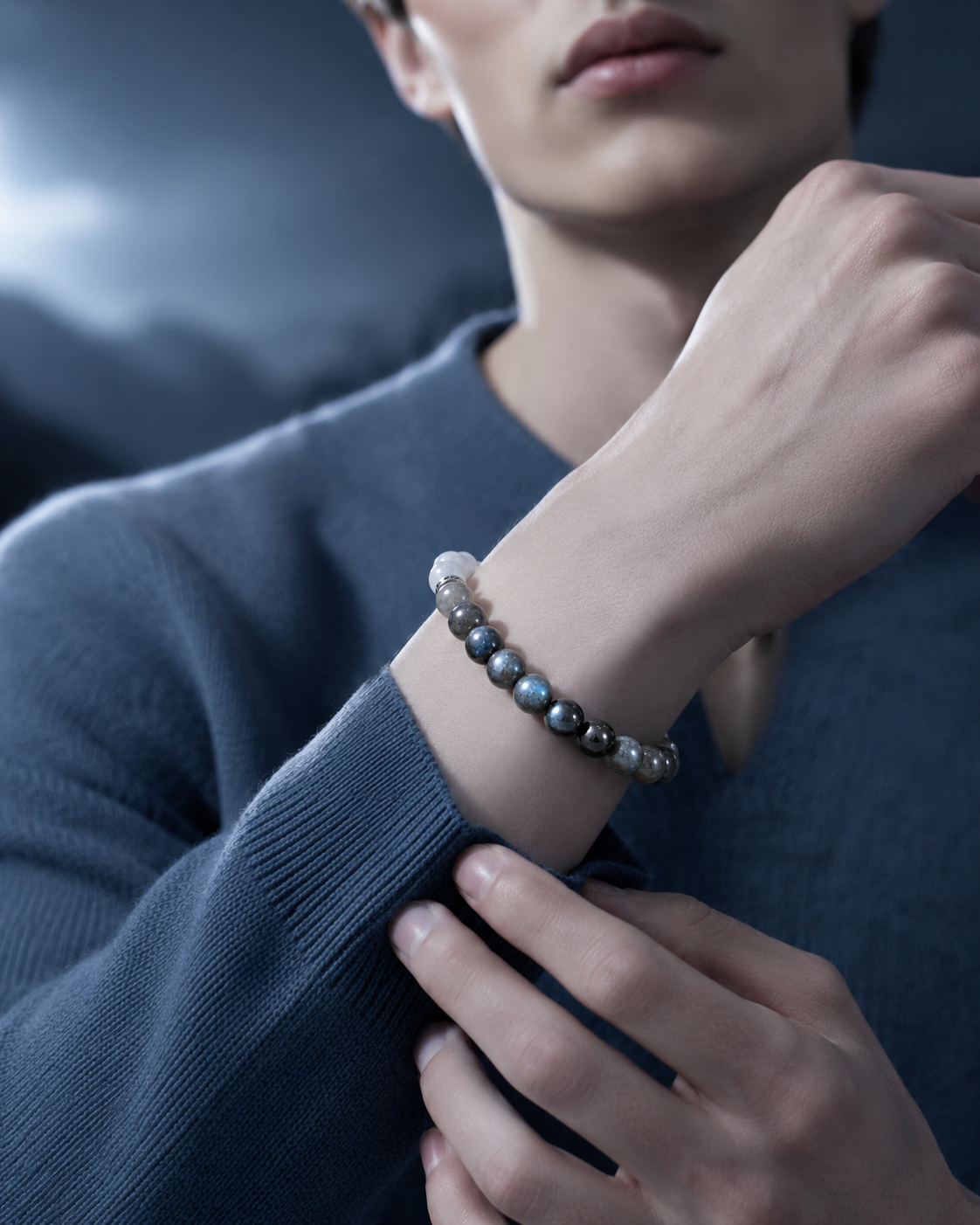 Pyrite in Clear Quartz, Smoky Quartz & Gray Labradorite Beaded Bracelet - Moonlit Strata