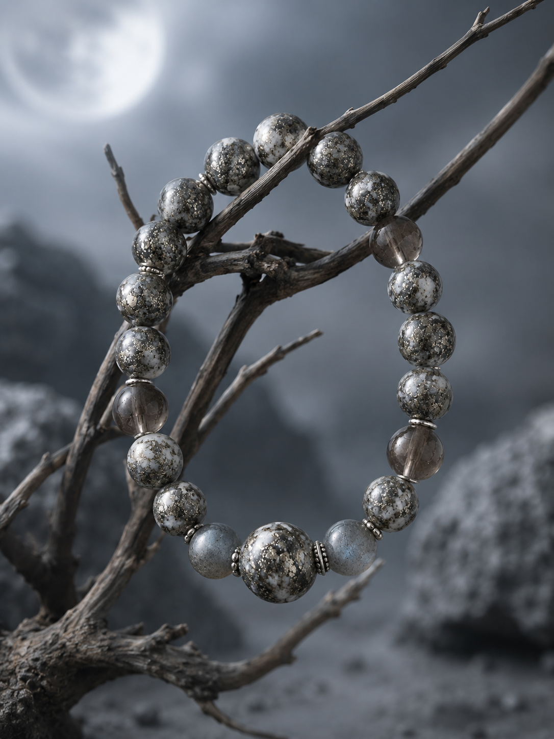 Pyrite in Clear Quartz, Smoky Quartz & Gray Labradorite Beaded Bracelet - Steadiness