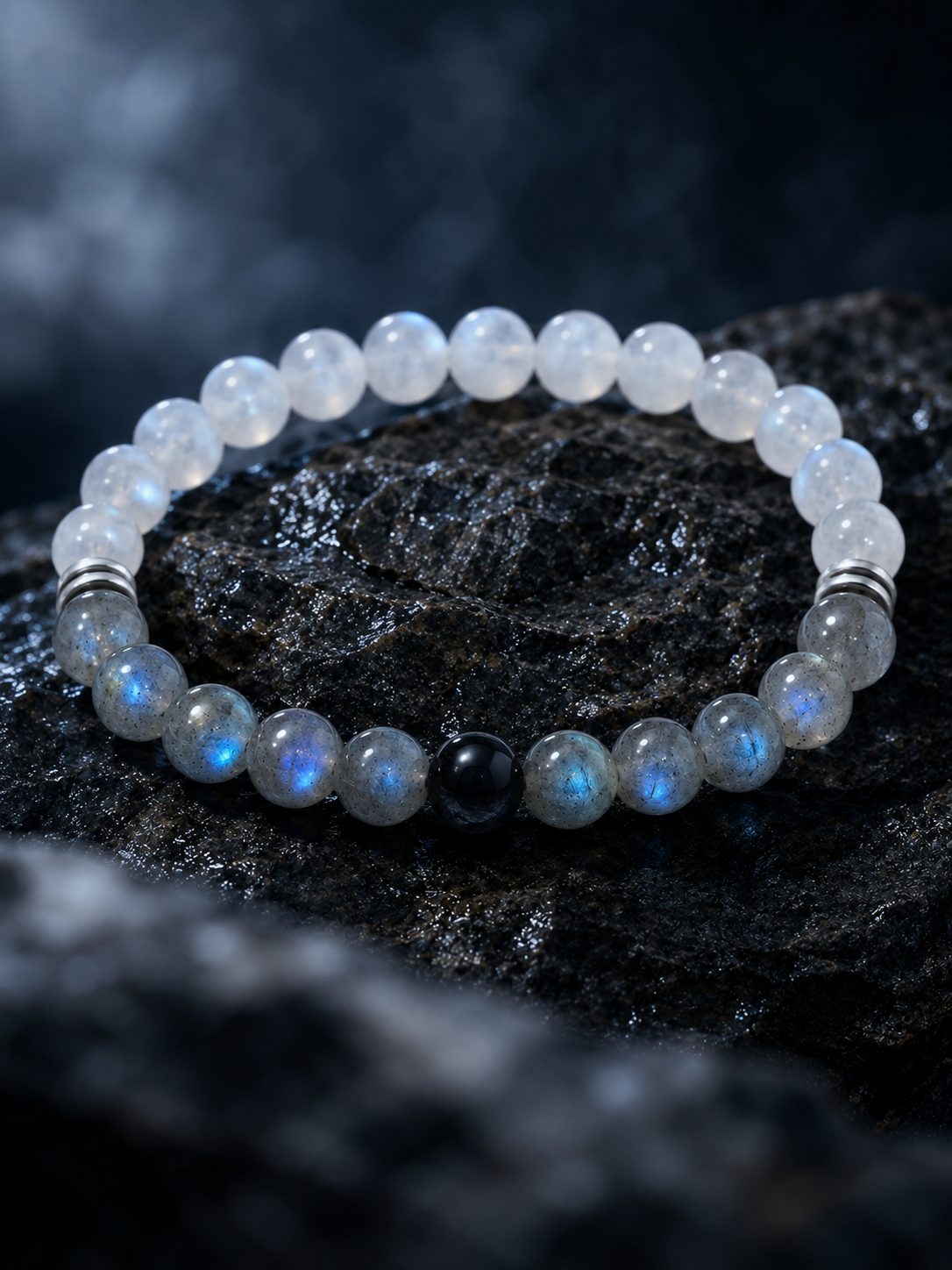 Silver Obsidian, Gray Labradorite & Black Agate Beaded Bracelet - Silver Veil