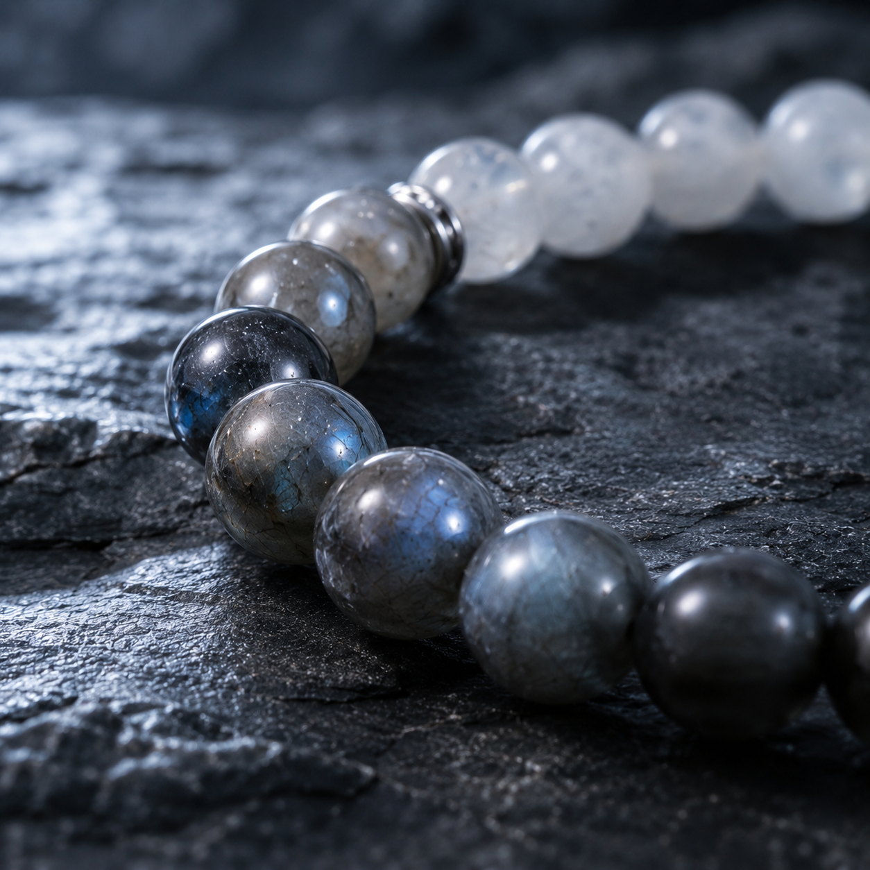 Pyrite in Clear Quartz, Smoky Quartz & Gray Labradorite Beaded Bracelet - Moonlit Strata
