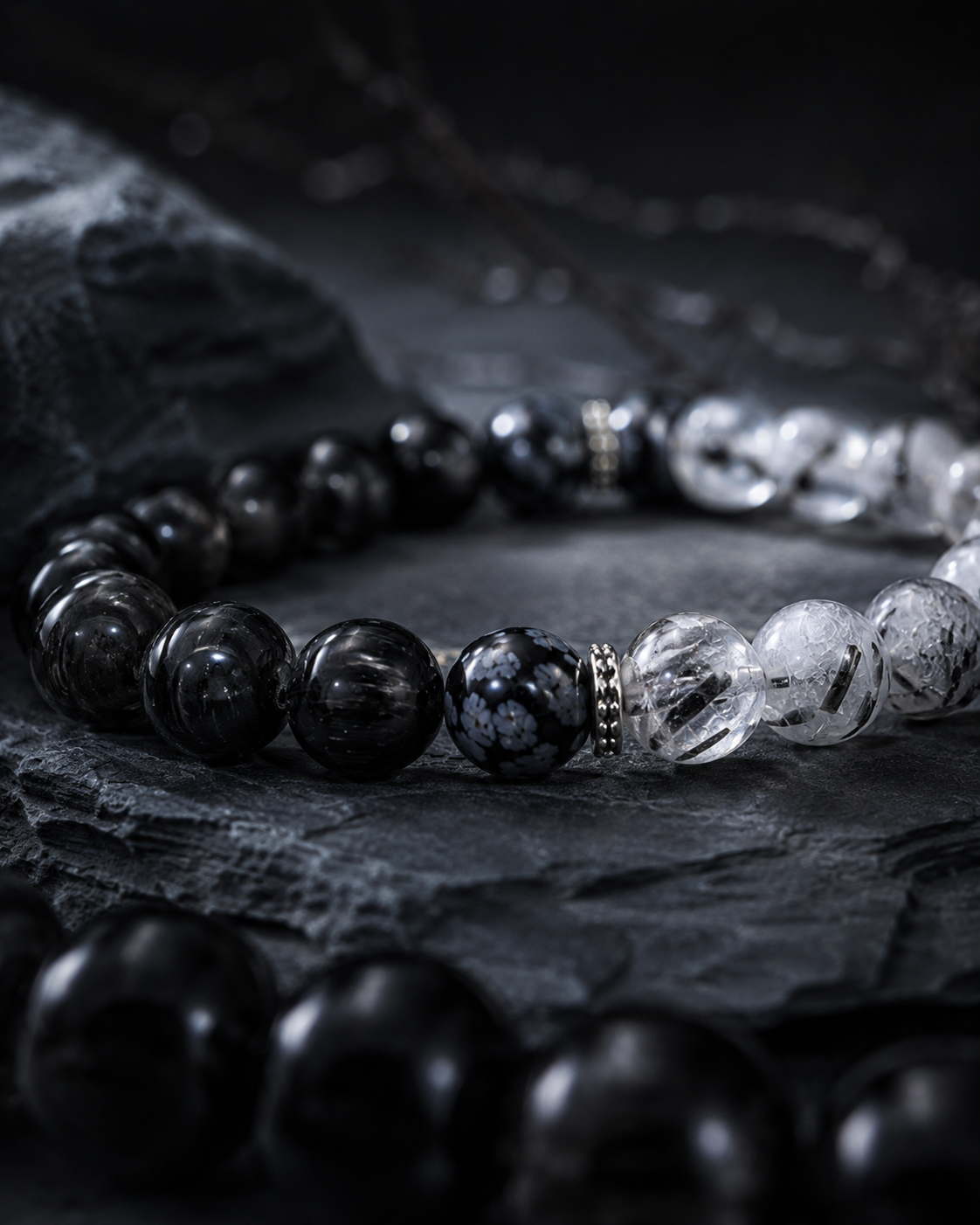 Black Tourmaline, Black Rutilated Quartz & Snowflake Obsidian Beaded Bracelet - Nightfall