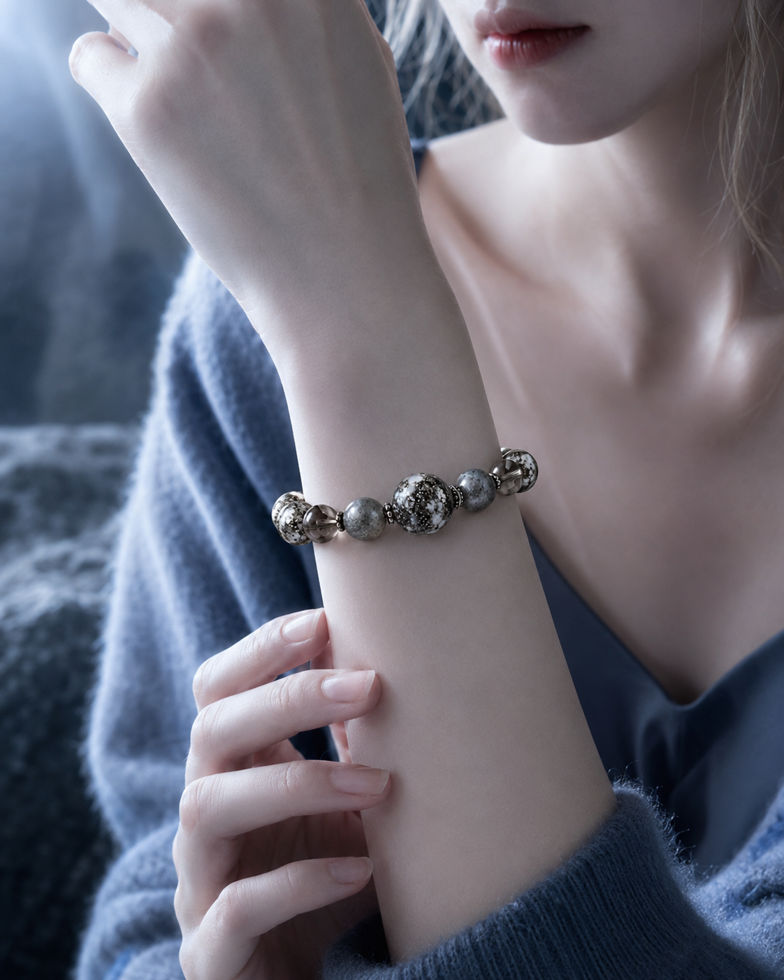 Pyrite in Clear Quartz, Smoky Quartz & Gray Labradorite Beaded Bracelet - Steadiness