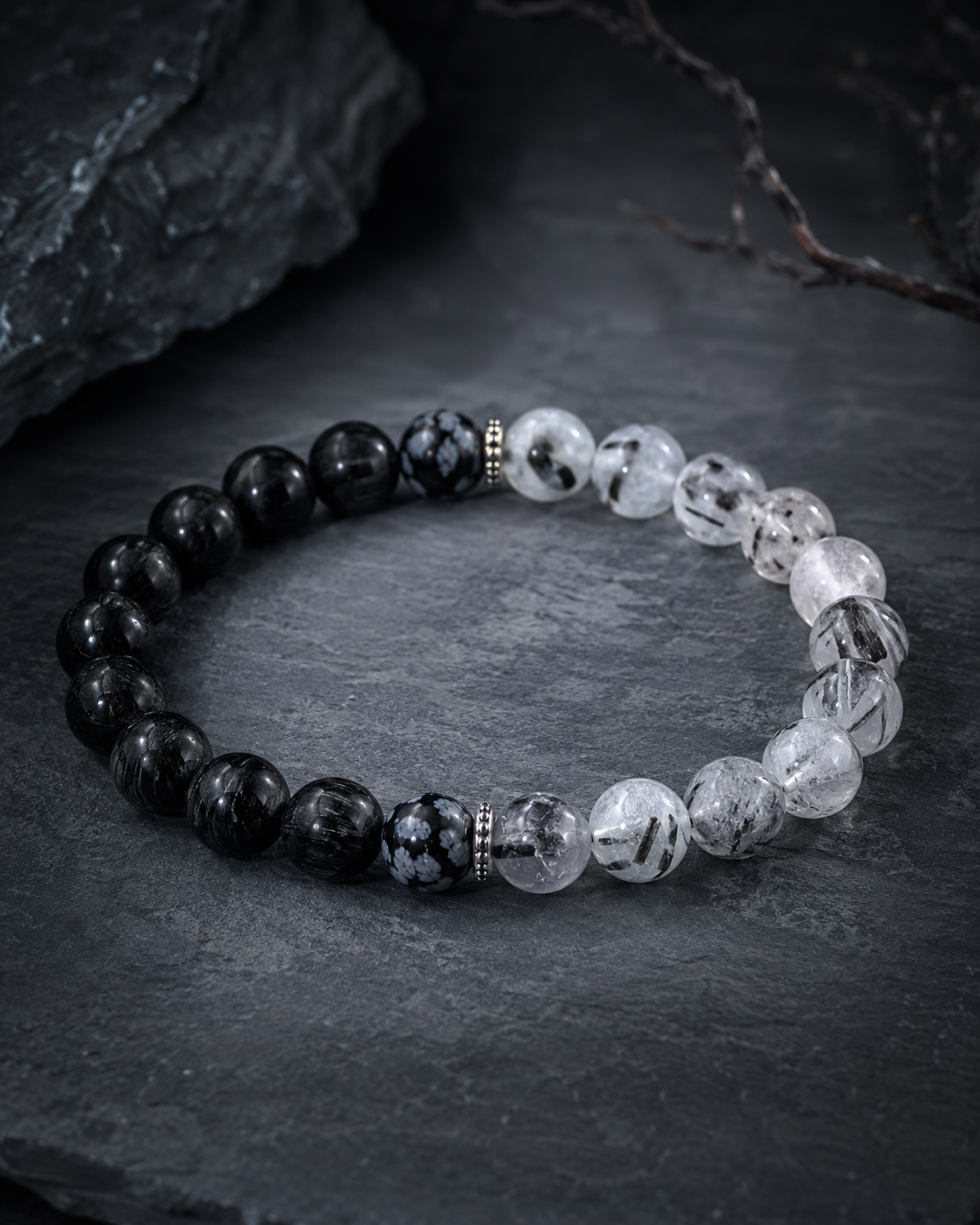 Black Tourmaline, Black Rutilated Quartz & Snowflake Obsidian Beaded Bracelet - Nightfall