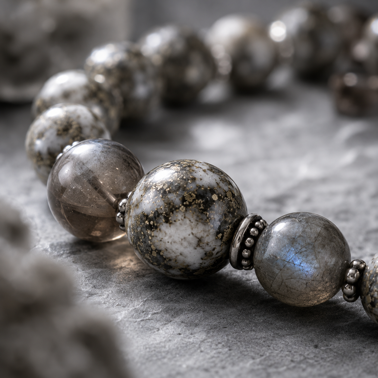 Pyrite in Clear Quartz, Smoky Quartz & Gray Labradorite Beaded Bracelet - Steadiness