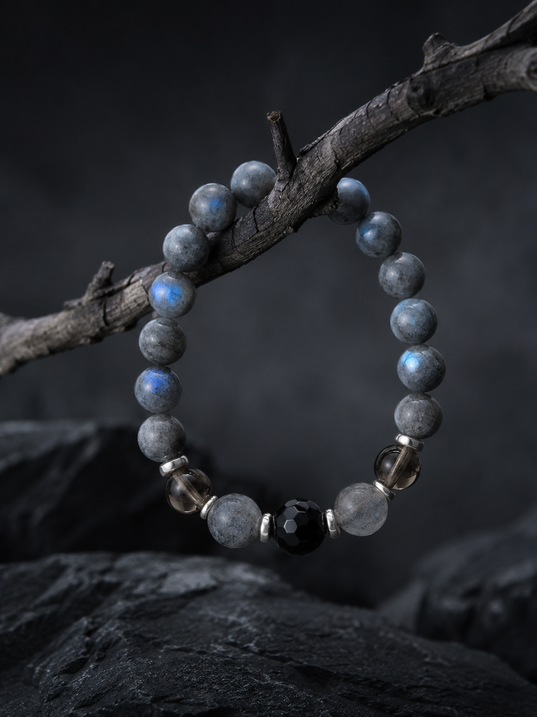 Gray Labradorite, Smoky Quartz & Black Obsidian Beaded Bracelet - Storm Moon