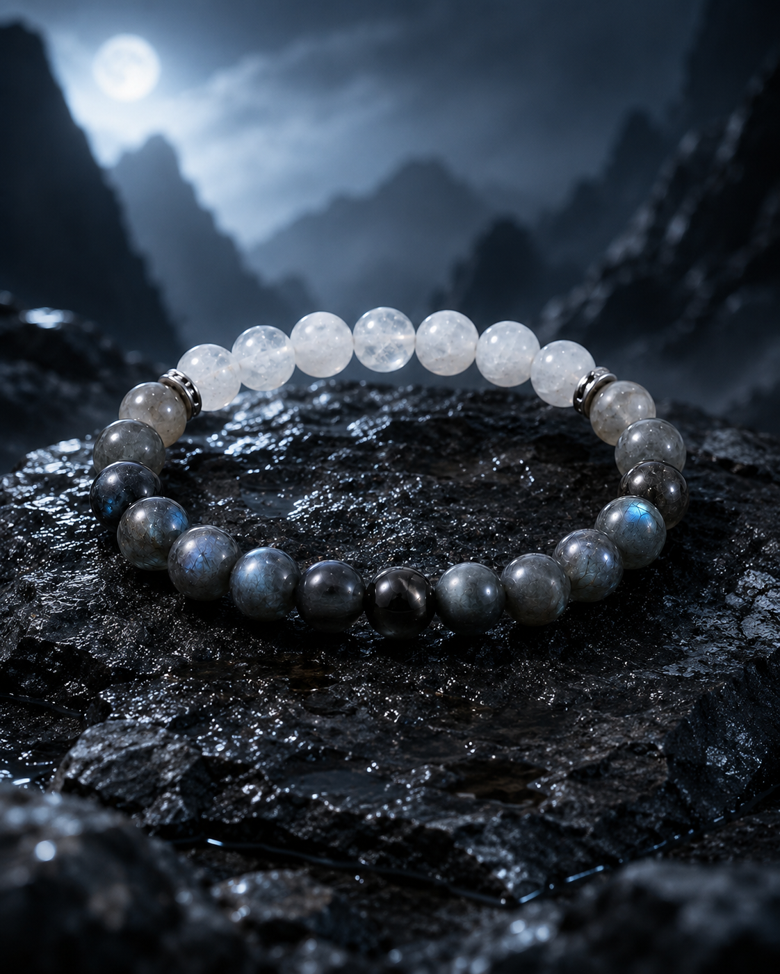 Pyrite in Clear Quartz, Smoky Quartz & Gray Labradorite Beaded Bracelet - Moonlit Strata