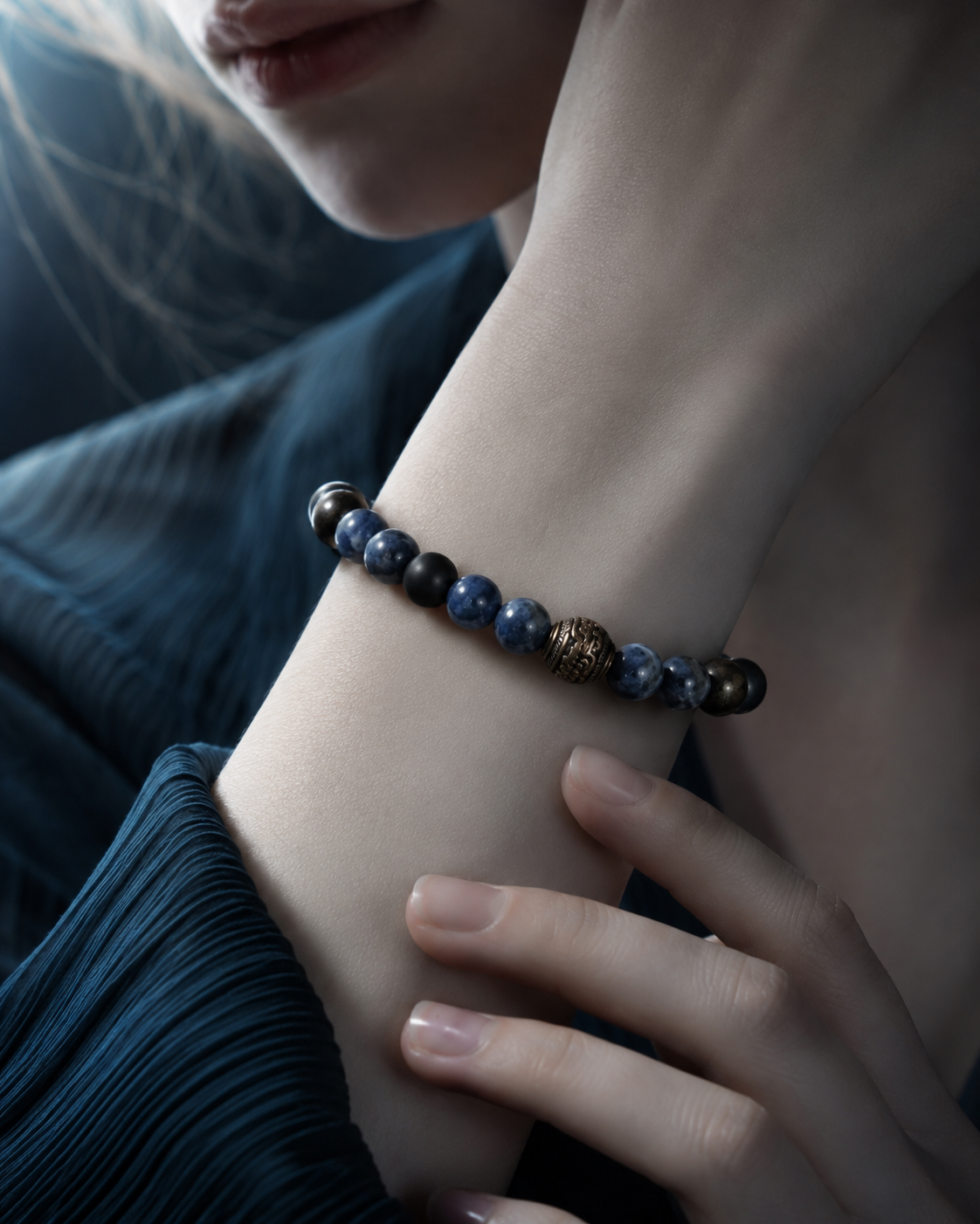 Sodalite, Black Agate & Golden Obsidian Beaded Bracelet - Ancient Blue