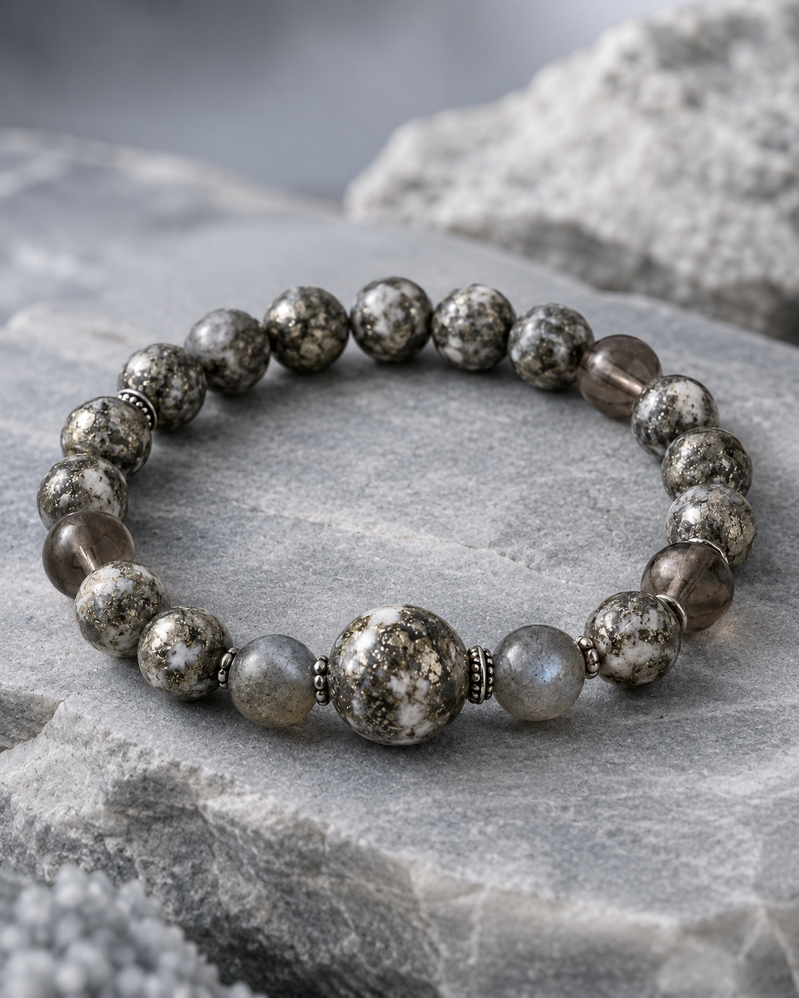 Pyrite in Clear Quartz, Smoky Quartz & Gray Labradorite Beaded Bracelet - Steadiness